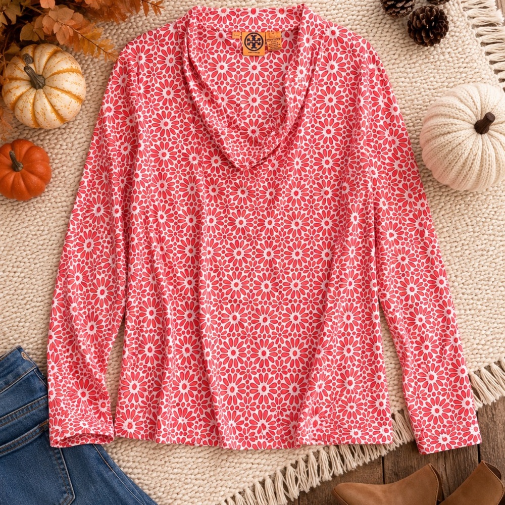 Tory Burch Pink Floral-Print Long Sleeve V-Neck Top Size 12